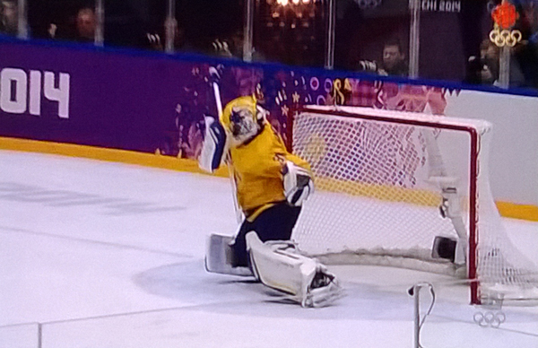Sweden Goal keeper misses a shot from Team Canada